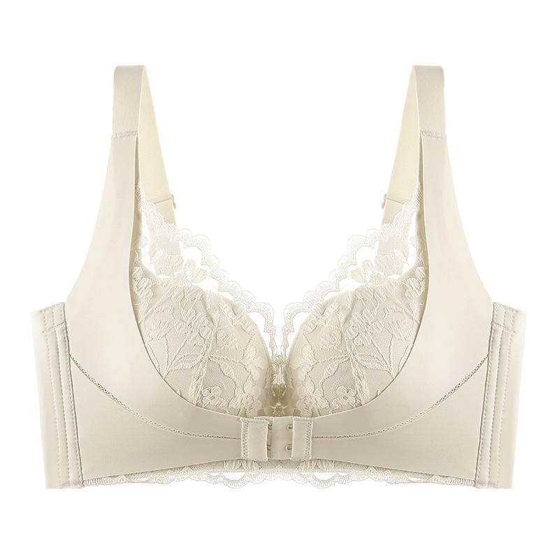 Women Sexy Two Tone Lace Brassiere Gathered Push Up Underwear Wireless Adjustment Front Buckle Bra Comfortable Lingerie