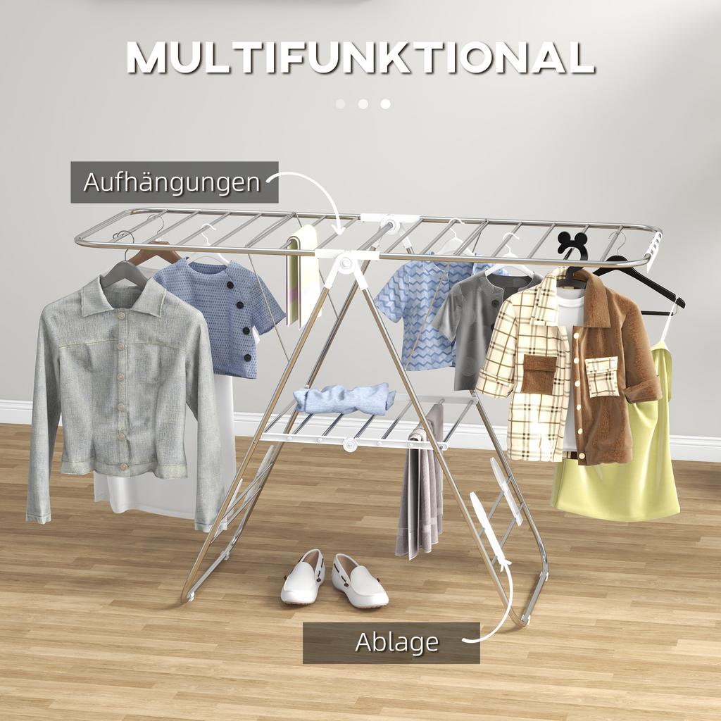 Clothes Airer 1.48 M Drying Length Portable Standing Dryer with Telescopic Rods, Wing Clothes Airer Clothes Dryer for Indoor and Outdoor, Silver+White