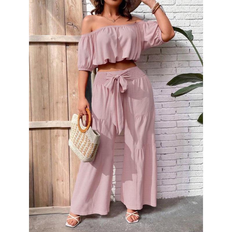 

High-Waisted Wide-Leg Pants Set 63908 S рожевий