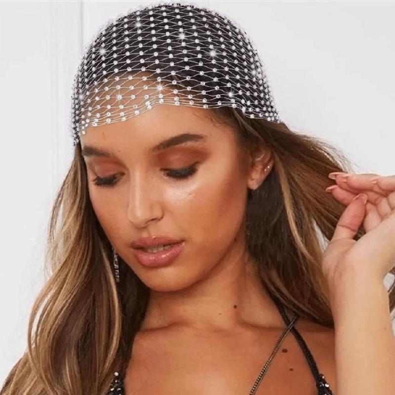 1pc Rhinestone Crystal Embellished Fishnet Hair Scarf,Glittering Mesh Veil Headband,Elastic Hairband for Ladies',Dance,Wedding