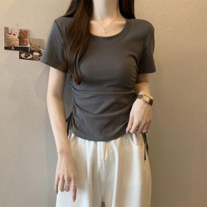 2025 Korean Style Slim Fit Short Sleeve Women's T-Shirt with Round Neck and Drawstring.