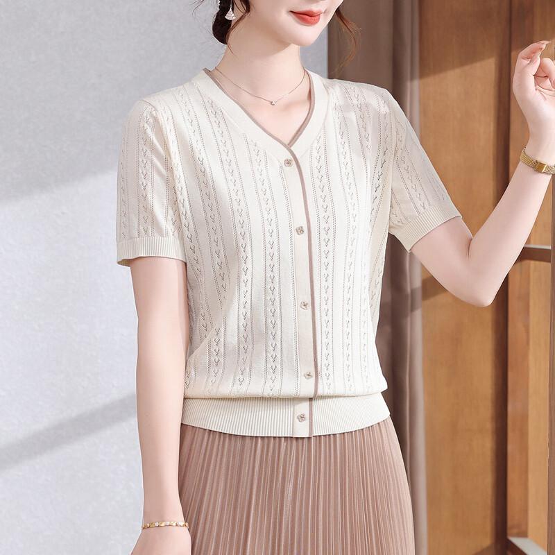 Elegant Ice Silk Summer Blouse for Middle-Aged Women 2XL бежевый верха