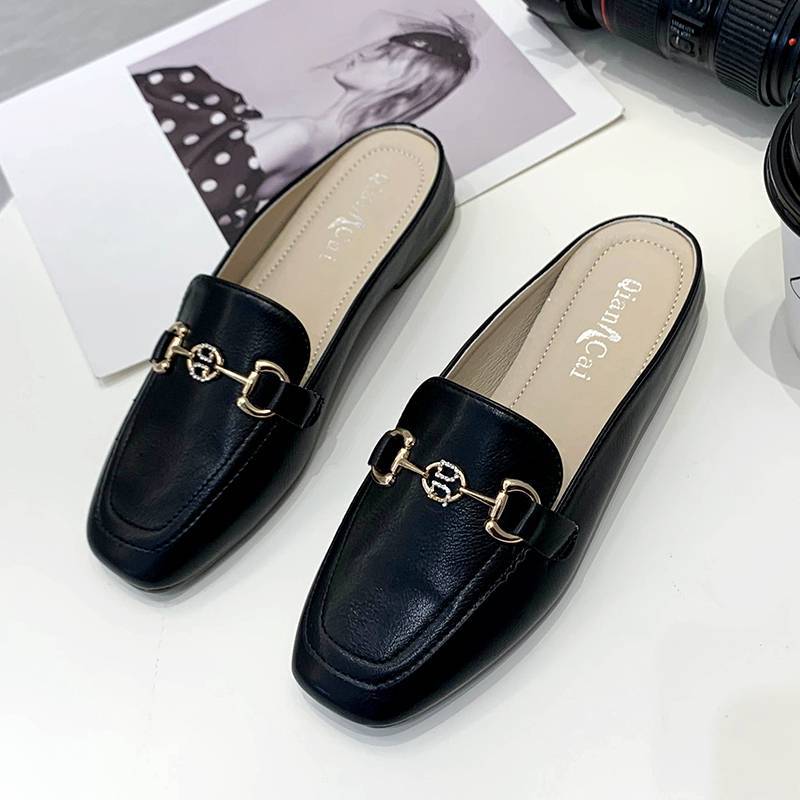 Internet celebrity bag head half slippers women's summer wear new lazy square head flat bottom half tray women's shoes