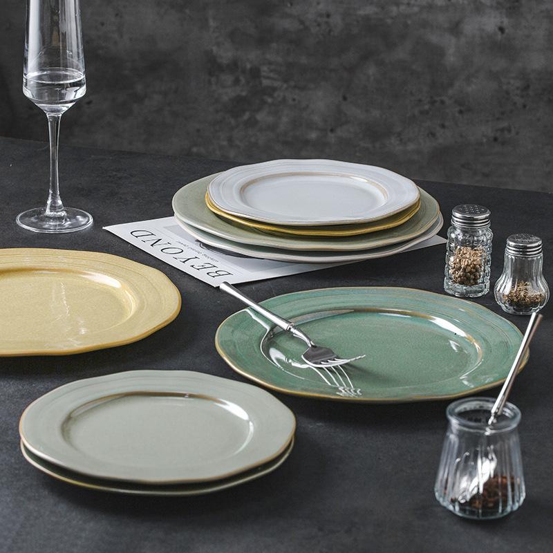 Retro Style Ceramic Round Flat Plate Creative Kiln Change Glaze Shallow Plate Home Cold Dish Plate Western Pasta Salad Steak Plate