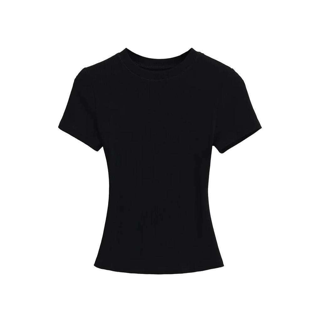 2025 Summer Kardashian Style Ribbed Short Sleeve Top - Solid Color & Sexy Round Neck