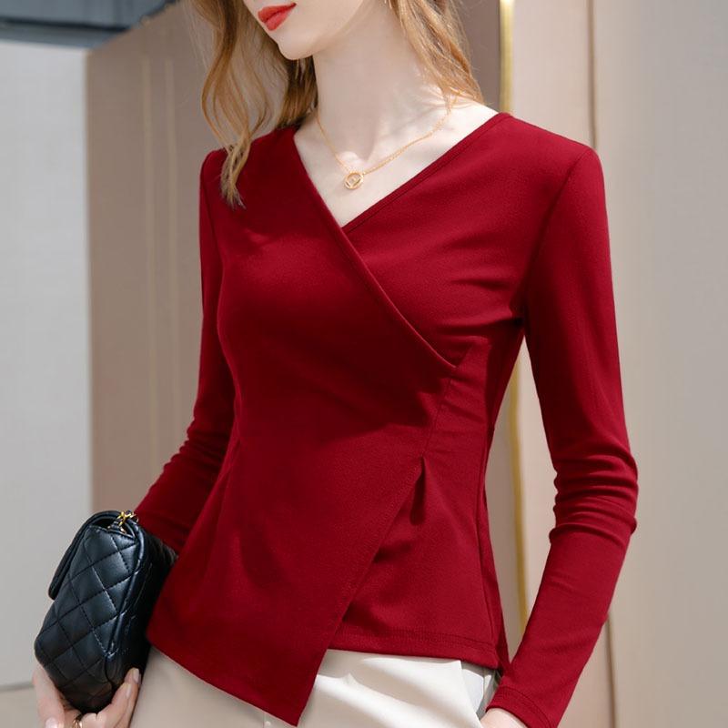 Neck bottoming shirt women's new women's cross v-neck long-sleeved cotton t-shirt irregular design niche top