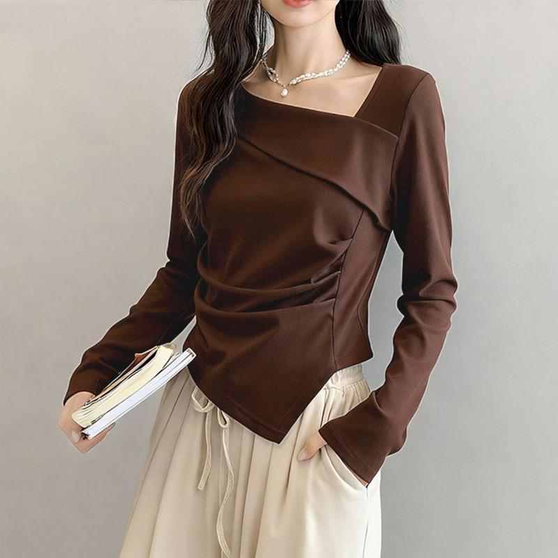 Women Brown Square Neck Ruched Asymmetrical Hem Long Sleeve Top S