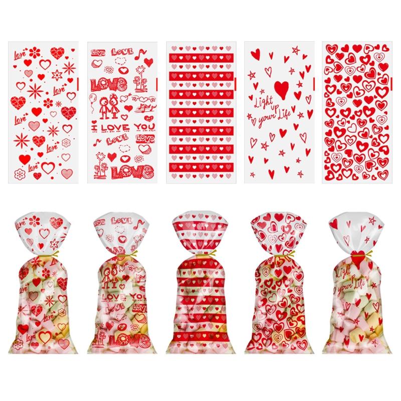 100 Stück Zellophantüten in Herzform zum Valentinstag mit Drehverschlüssen, für Feiertage, Leckereien, Schokoladentüten, Kekstüten, Geschenke