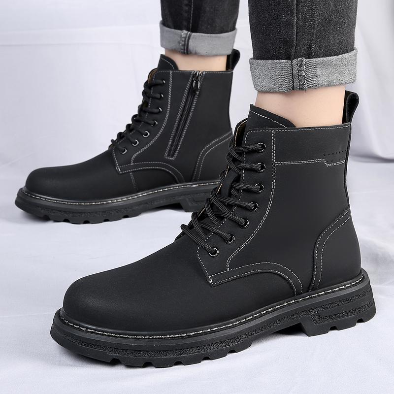 New 2024 Genuine Leather Mid Top Boots Men Thick Sole Classic Yellow/Black British Style Chelsea Boots High-top Men Lace Up Boot