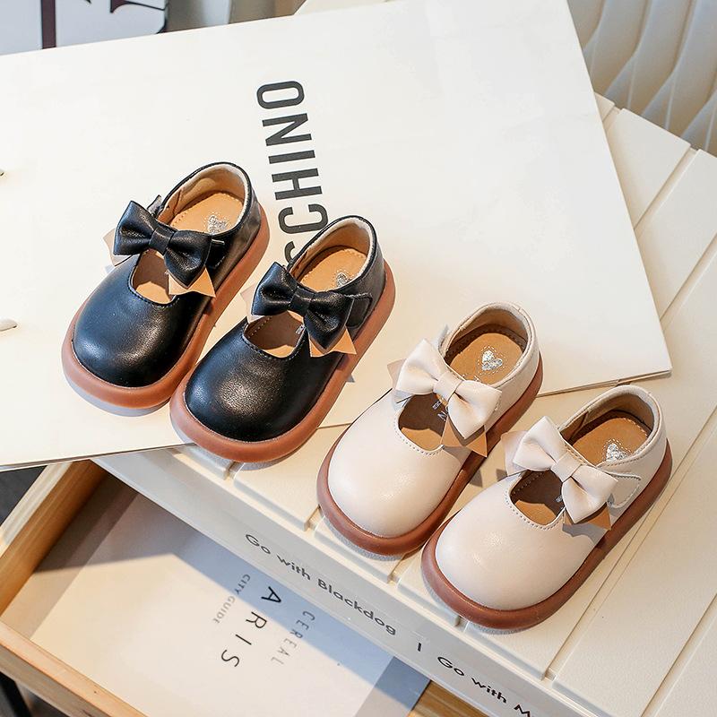 2024 Girls Leather Shoes Black Round-toe Black Uniform School Shoes Bow Non-slip Flats Children Fashion Casual Shoes Kids Shoes
