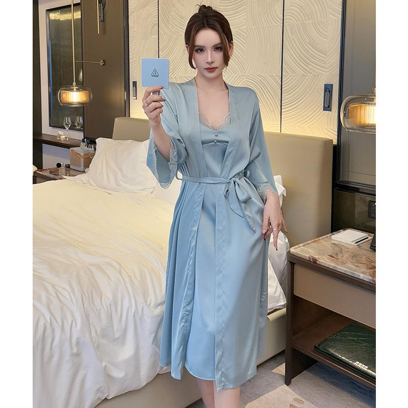 Summer ice silk royal sister style nightdress thin sexy suspender skirt with shawl loungewear women's high-end pajamas set