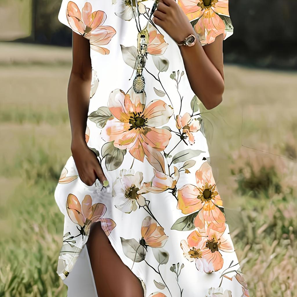 Plus Size - Women'S Plus Size Floral Print Short Sleeve Dress - Elegant Round Neck, Lightweight Polyester, Summer Casual Style with Adjustable Straps,