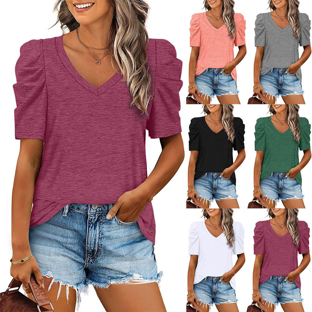 2024 European & American Style Ruched Patchwork V-Neck Short-Sleeve Women's T-Shirt