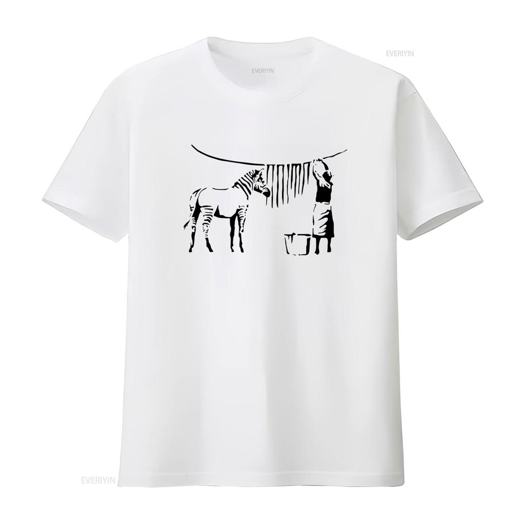 Ladies Banksy Inspired Zebra Washing Street Art Graffiti Lady Fit White T Shirt vintage Washed Breathable Casual Unisex fashion