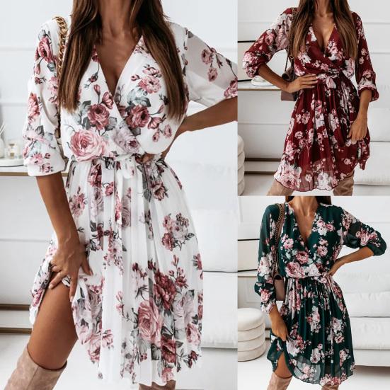 Pleated Flowy Hem Midi Dress Floral Print Sweet Elastic Waist V-Neck Casual