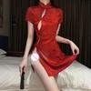 Antique Cheongsam Lingerie Set Sexy Side-Slit Sleepwear with Hollow Out Retro Printed Short Sleeve for Women Chinese Lingerie