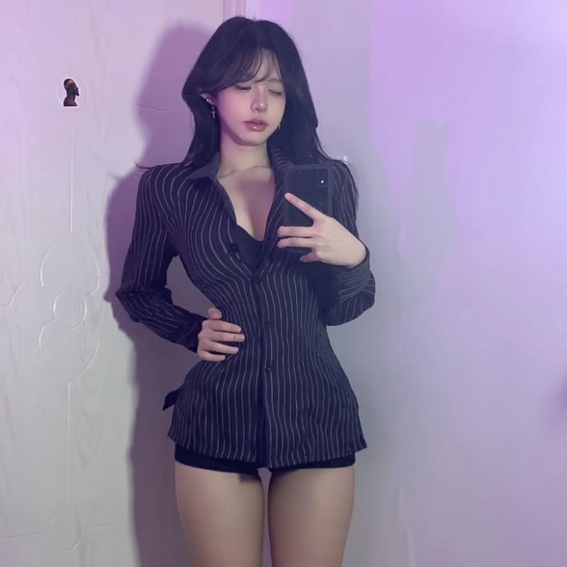 Abstinence Secretary Royal Sister Long Sleeve Striped Shirt Uniform Sexy Pure Desire Suit Black Slim-Fit Waist Top
