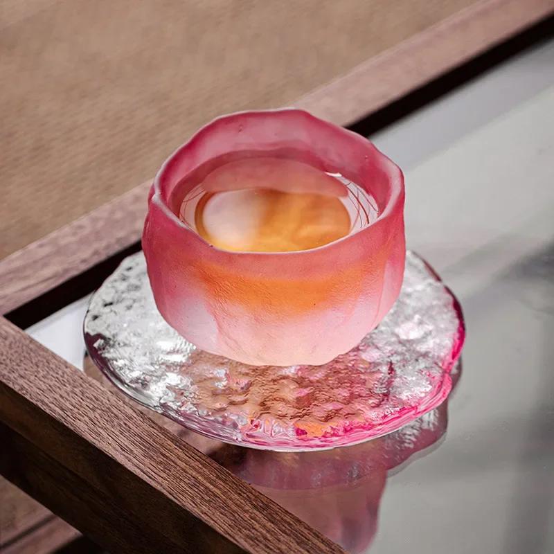 Japanese Style Pink Sakura Crystal Glass Teacup – Colored Glaze Sake Cup with Enamel Flower Design and Coaster