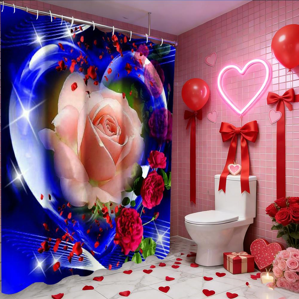 Valentine's Day Love Heart Rose shower curtain, bathroom shower waterproof curtain with 12 hooks, fish shaped home decoration