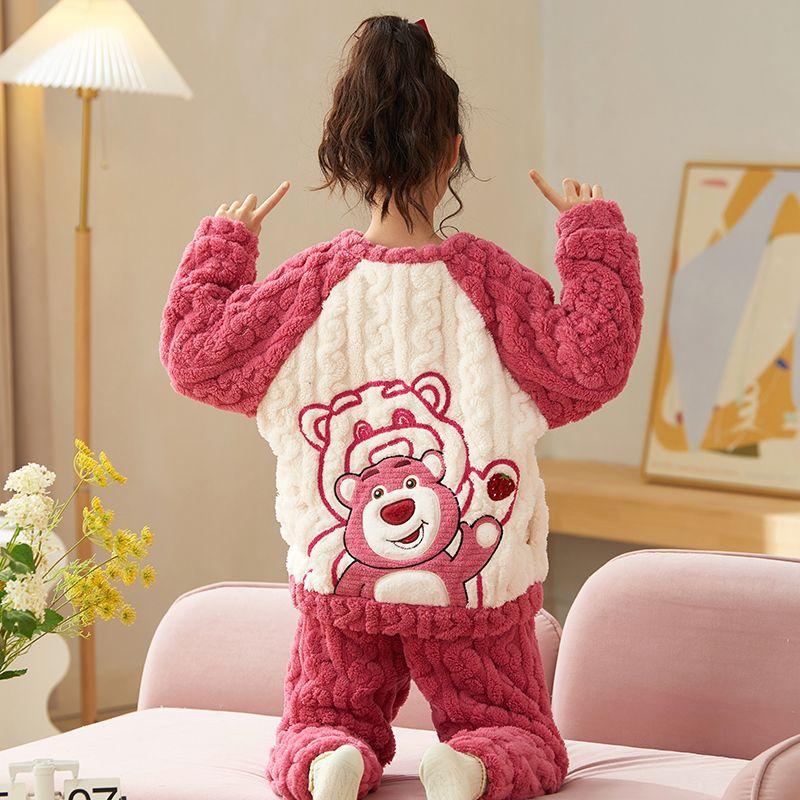 Kids Flannel Pajamas Set Boys Girls Warm Long Sleeve Top And Pants Sleepwear Winter Home Nightwear
