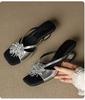 Fashion Fashionable outerwear wedge heel women's slippers in a straight line, retro silver open-toe rhinestone high-heeled sandals