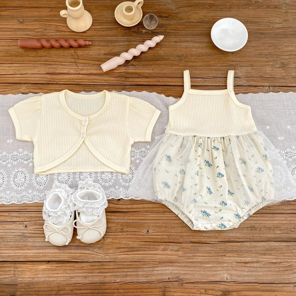 Summer Baby Girl Floral Strap Romper with Detachable Mesh Jacket Lightweight and Breathable