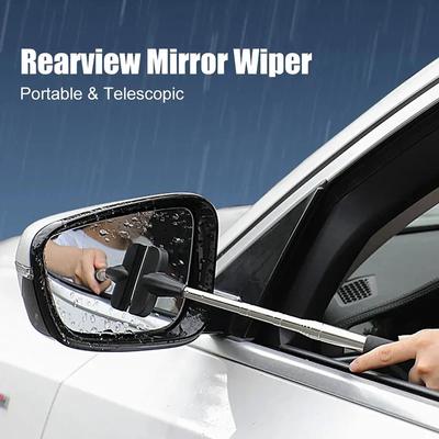 Car Rearview Mirror Wiper Telescopic Handle Car Rear View Mirrow Wiper Stainless Car Glass Cleaning Tool Brush Auto Accessories