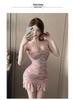 Floral Mesh Low-Cut Strappy Mini Dress with Ruffle Waist-Cinched Slim Fit