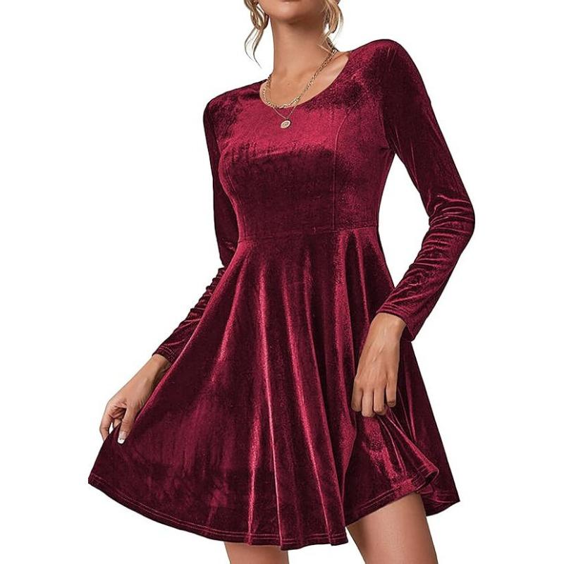Herbst und Winter Damen Langarm Rundhals Swing Samtkleid