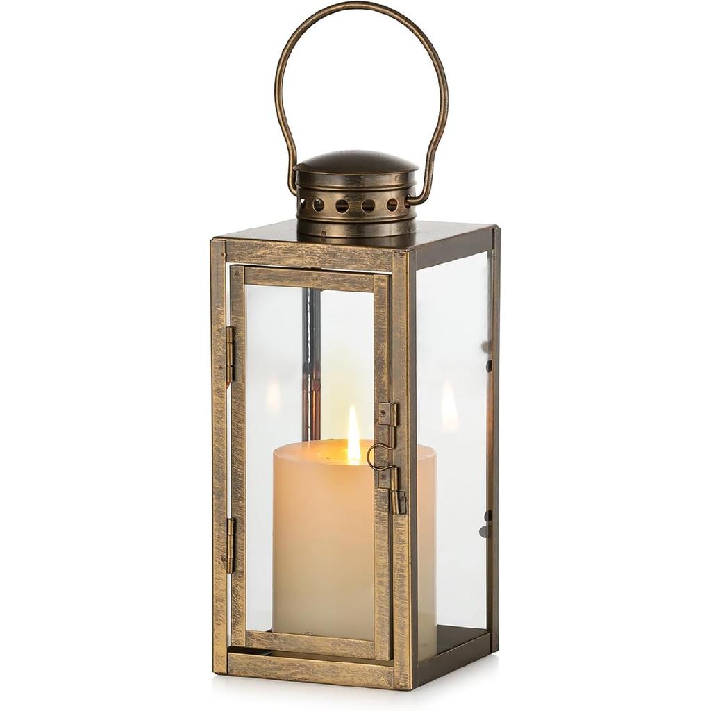 NUPTIO Vintage Lanterns Decorative Indoor: 9.5 inches Tall Hanging Farmhouse Metal Lantern Decor with Glass - Gold Distressed Candle Holder for