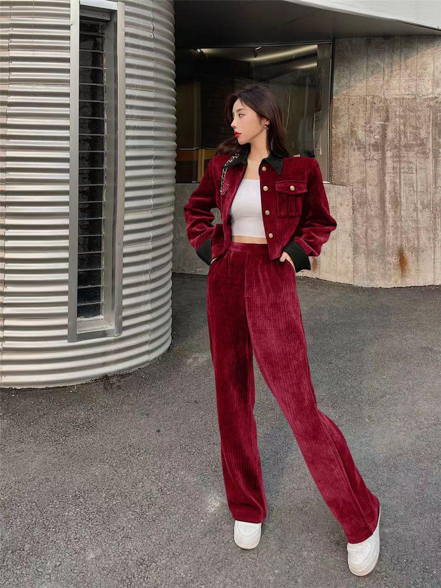 

Corduroy suit women s autumn new fashion temperament socialite Polo collar jacket wide-leg pants two-piece set M красный