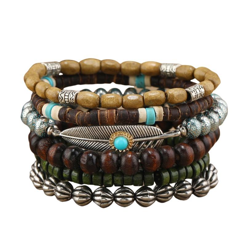 European, American Peace Tree Multi-piece Wooden Bead Beaded Bracelet Retro Simple Men's Personality Stacked Bracelet
