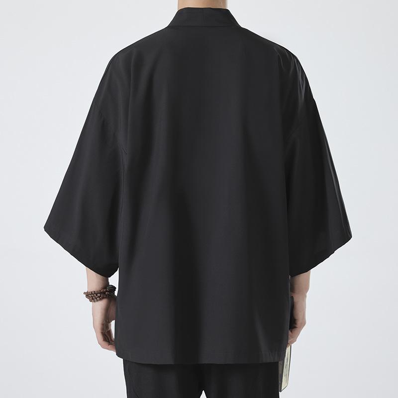 2023 Men's Casual Chinese Style Ice Silk Cardigan - Solid Color, Loose Fit, Three-Quarter Sleeves