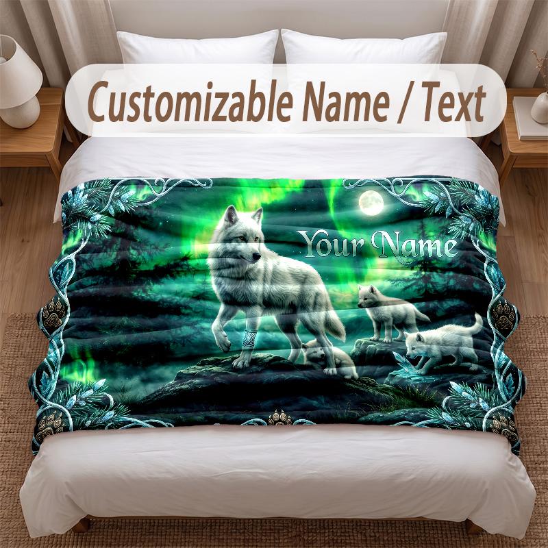 Wolf Theme Soft Blanket Personalized Custom Name Text Print Warm Blanket Home Sofa Bedroom Decor