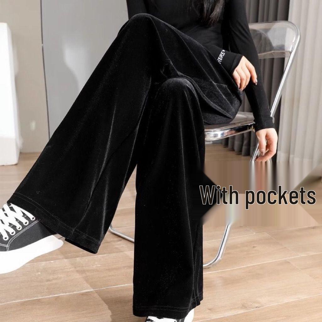 Women's High-Waist Gold Velvet Wide-Leg Pants - Spring/Autumn 2024 Collection, Plus Size, Draping Straight-Leg Trousers