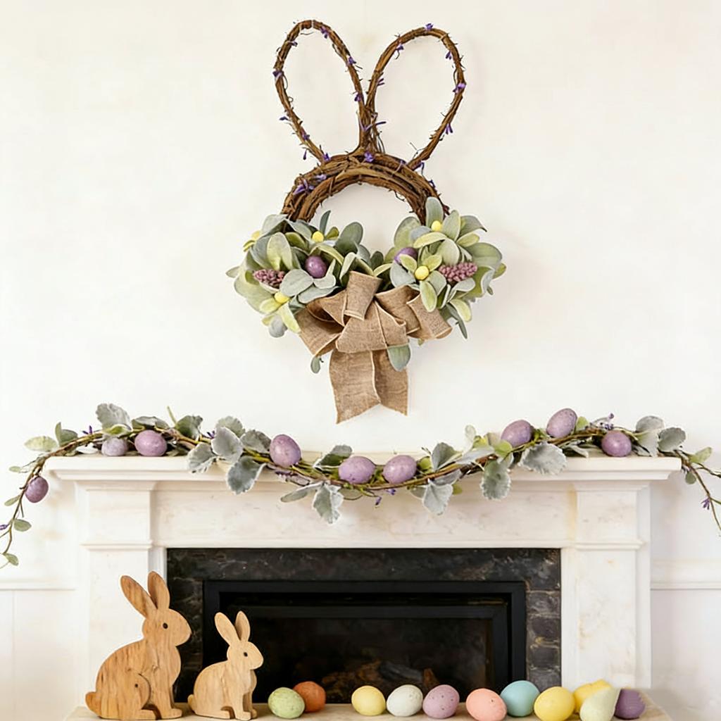 Easter Bunny Simulation Plant Decoration Flower Wreath Home Door Hanging Spring Decoration 15 Inches