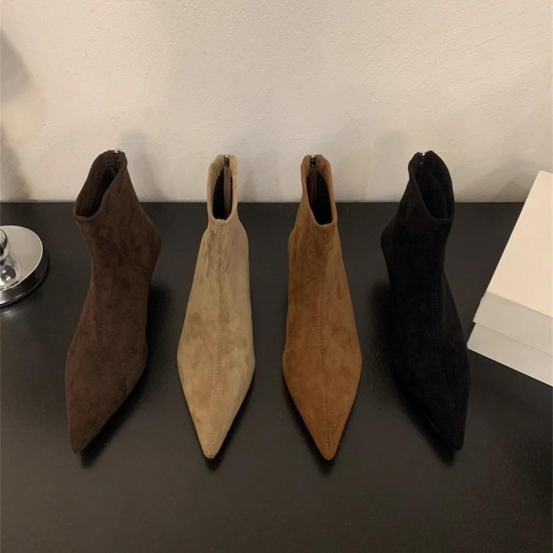 Korean Version of Polished Single Boots Pointed Fashion Boots Thick Mid-heel Short Boots Women's 2025 Fashion Versatile Rear Zipper Thin Boots