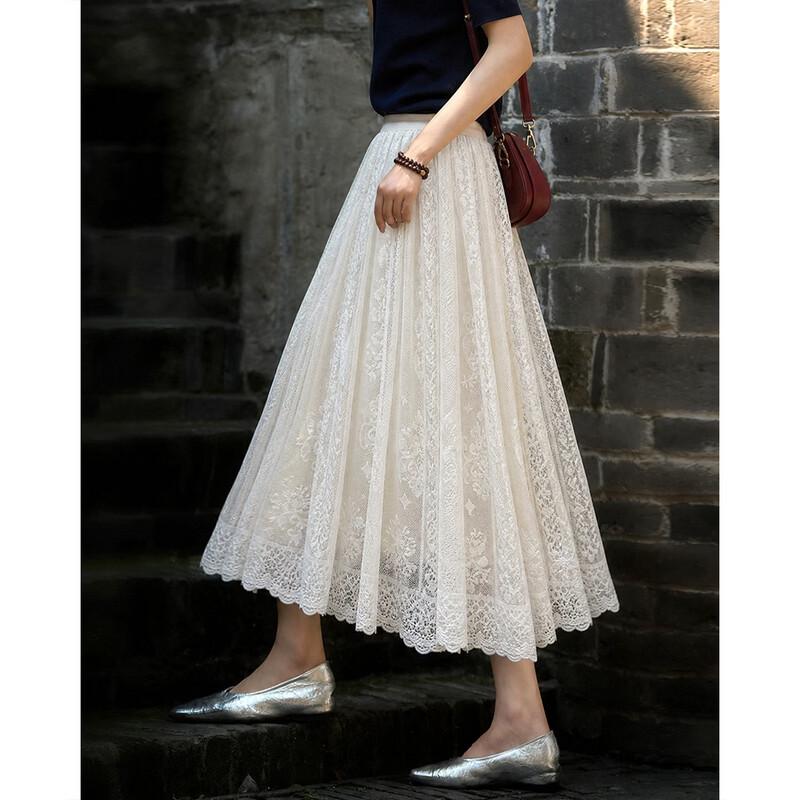 Elegant Lace Jacquard A-Line Midi Skirt M
