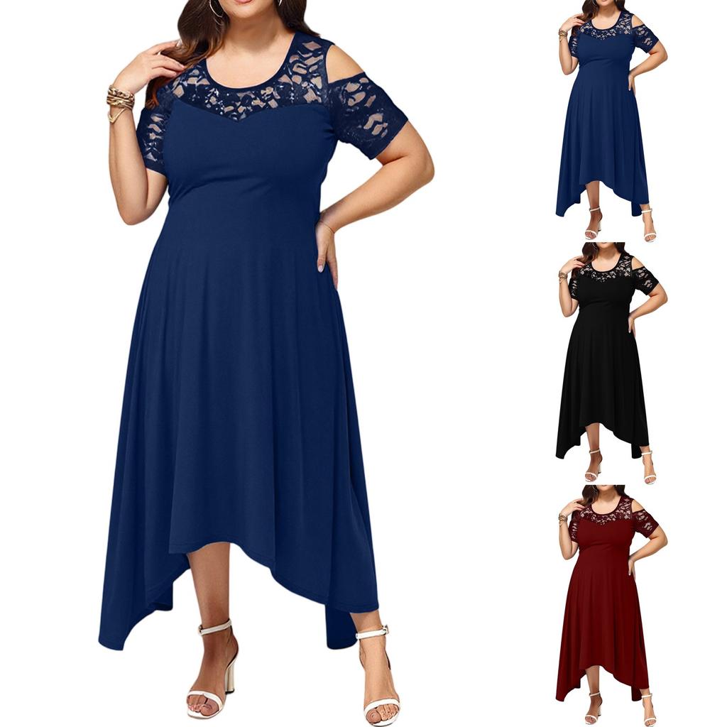 Damek sommerkjole med bare skuldre, blondekant, elegant, oversized, ensfarget kjole