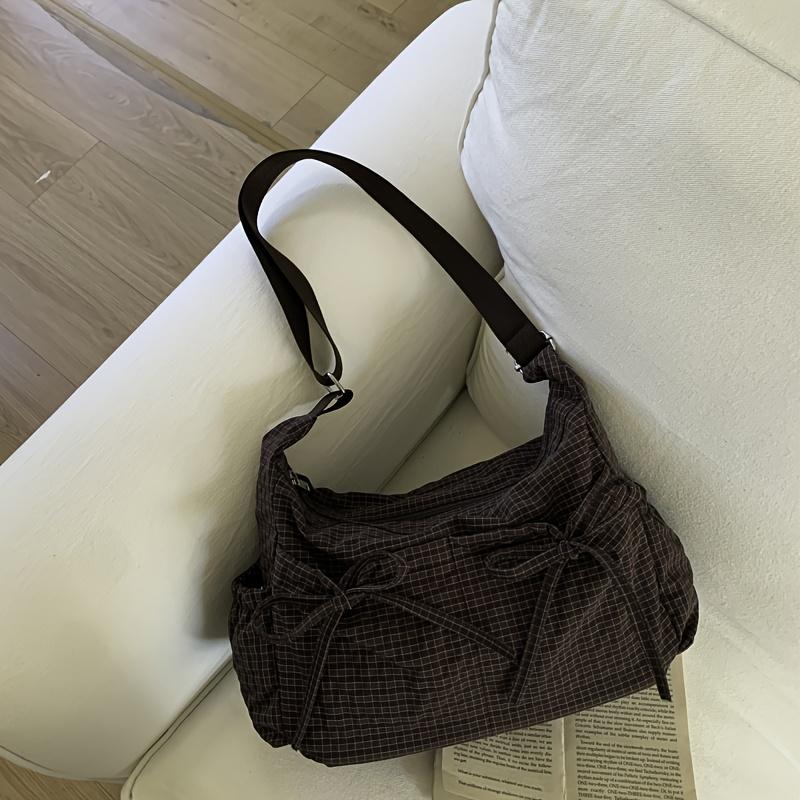 Korean-Style Plaid Lazy Shoulder Bag New Pleated Women'S Single Shoulder Tote Bag Adjustable Shoulder Strap Crossbody Bag Pleated Design