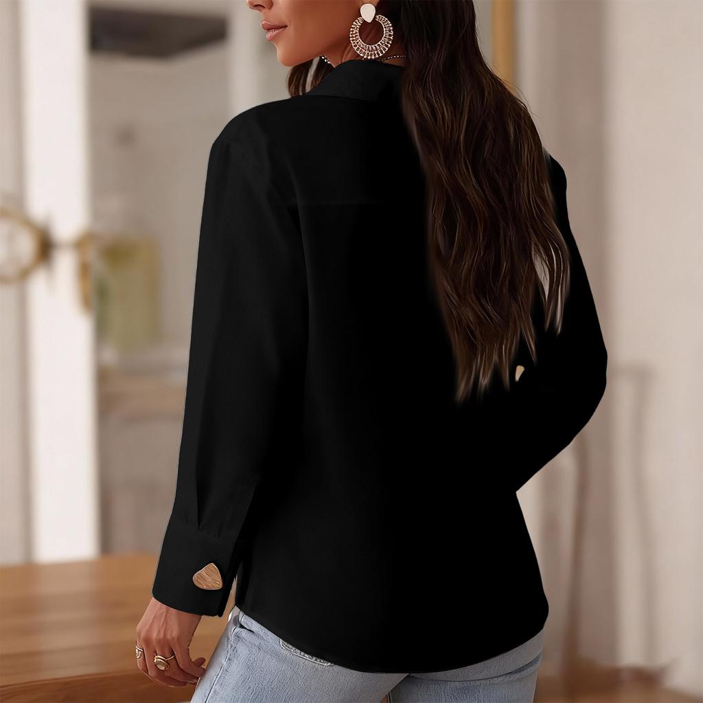 Chemise/Blouse élégante et polyvalente pour femme à motif cœur, boutonnage simple, manches longues.