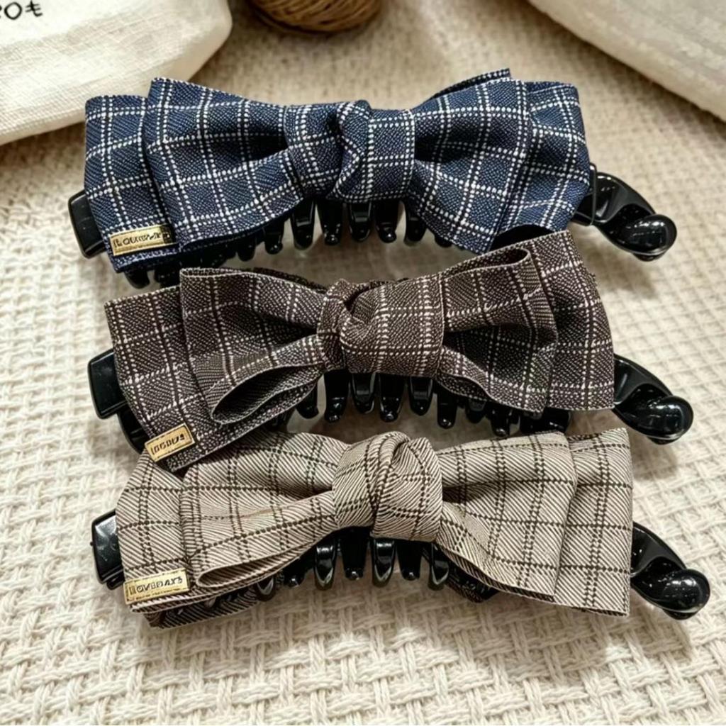 Korean Style Plaid Bow Banana Clip for Women - High Ponytail Claw Clip Hair Accessory