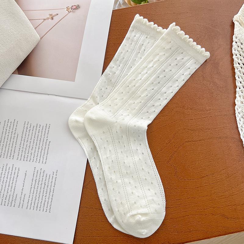 Summer Mesh Socks Children'S White Medium Tube Socks Small Flower Polka Dots Hollow Stacking Socks Breathable Stockings Wind Socks