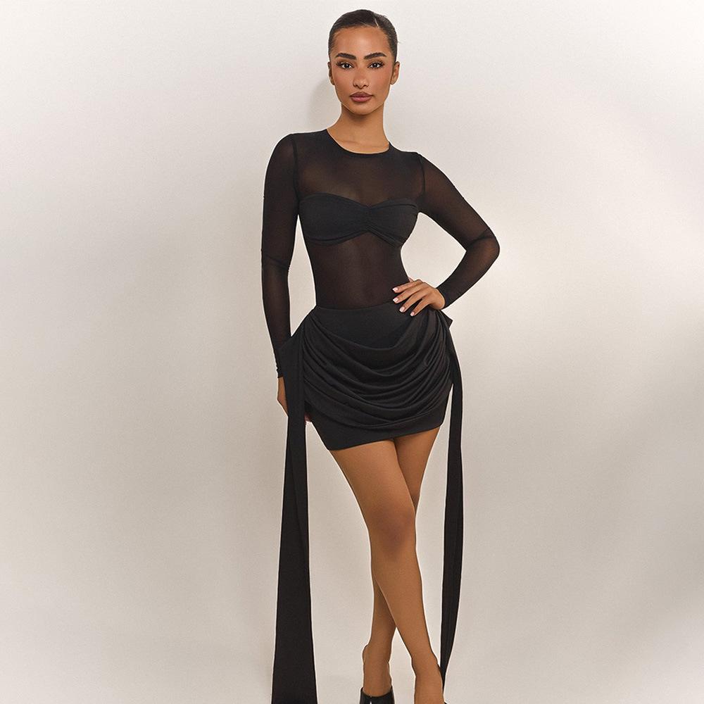 New Style European & American Mesh Spliced Ribbon Slim Fit Long Sleeve Dress - Solid Color, Sexy & Hip-Hugging