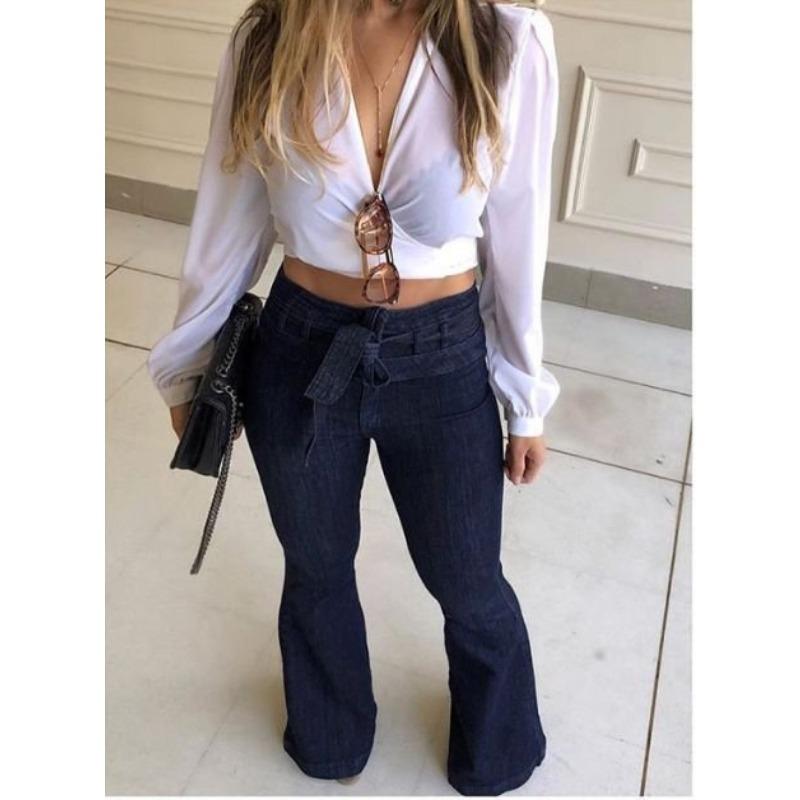 Damen Neue High-Waist Hüfthebende Gürtel Schlaghosen Weitbeinjeans