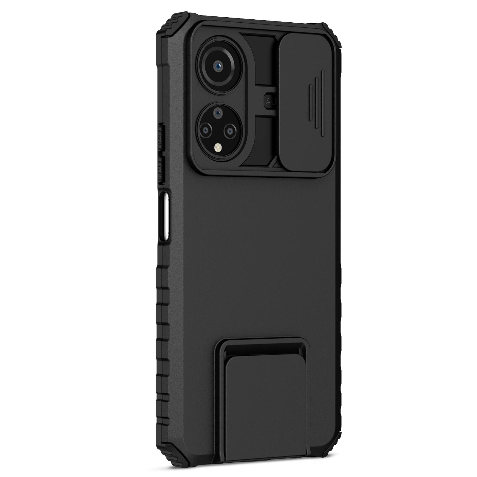 

For Honor X7 Slide Camera Lid PC+TPU Cover Anti-drop Kickstand Phone Case Black