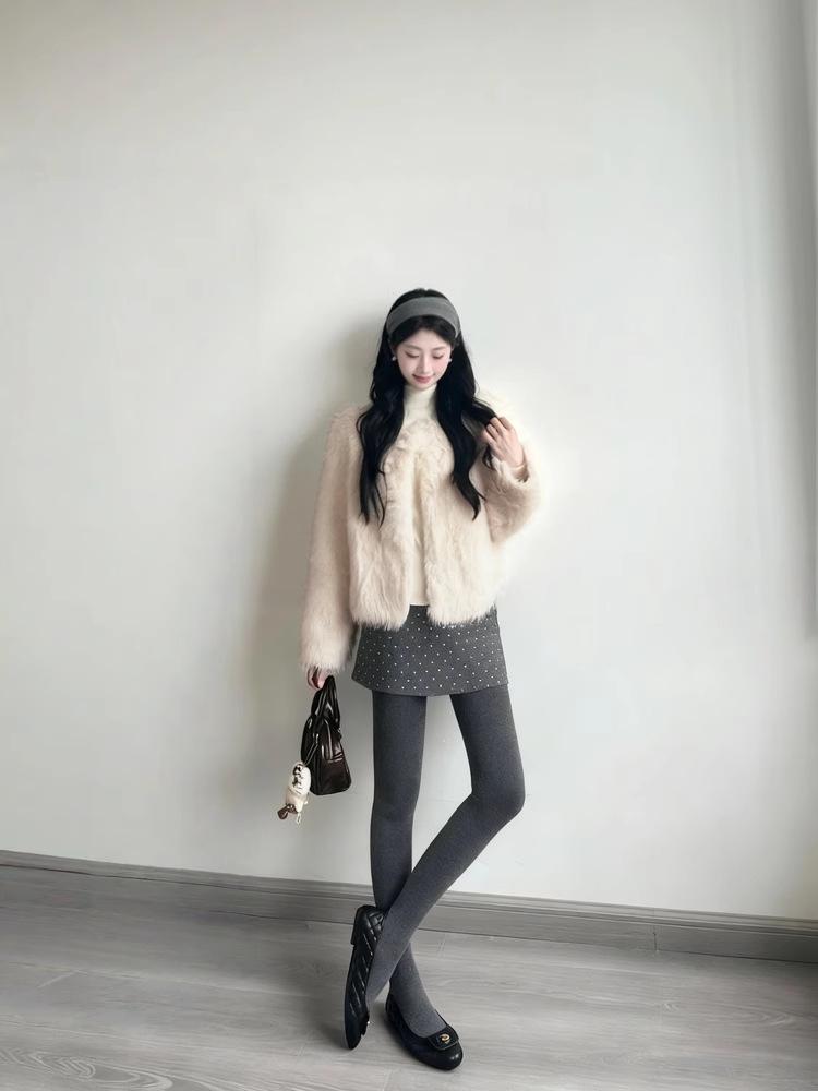 Gray Plaid Wool A-Line Polka Dot Short Skirt for Women - Winter Warm Hip-Hugging Design