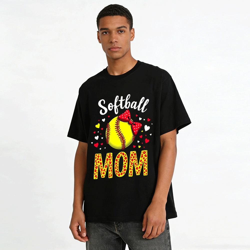 Softball Mom Leopard Print Bow Heart Graphic Casual Tee Pure Cotton T-shirt