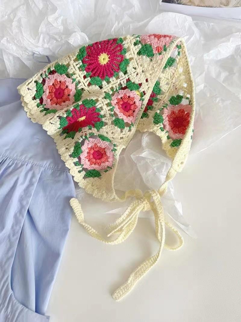 

Винтажный плетеный вязаный платок на голову с цветочным треугольным узором, повязки на голову, эластичные резинки для волос, женский, для девушки, шарф для волос, аксессуары для волос, мода