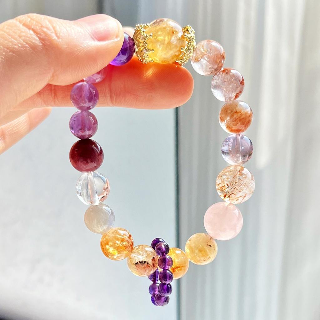 Natural Purple Ghost Powder Amethyst Gray Moonstone Black Gold Super Seven Citrine Design Bracelet Bracelet